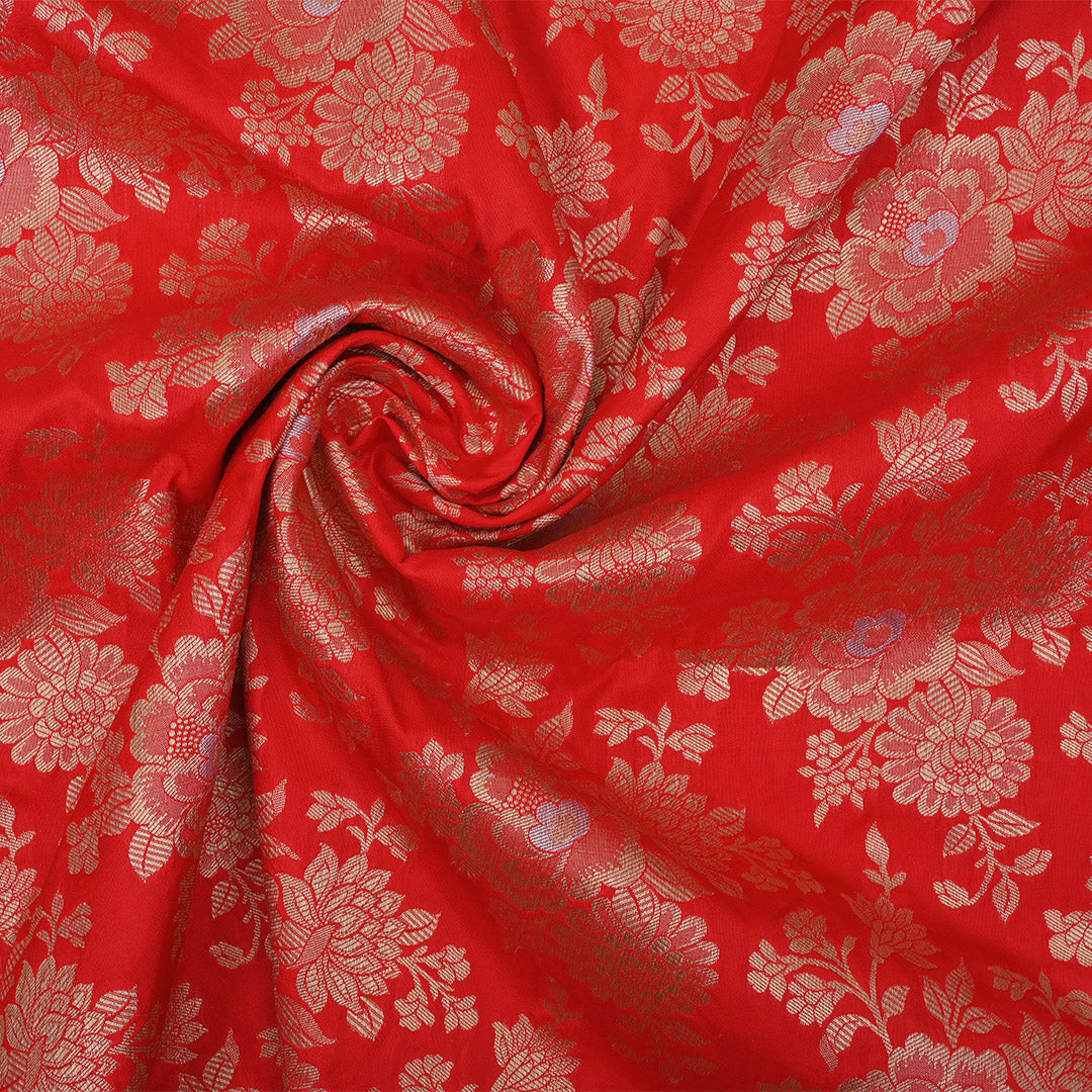 Bright Red Banarasi Fabric With Floral Jaal