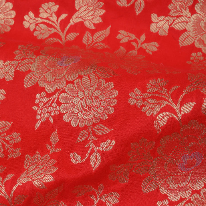 Bright Red Banarasi Fabric With Floral Jaal