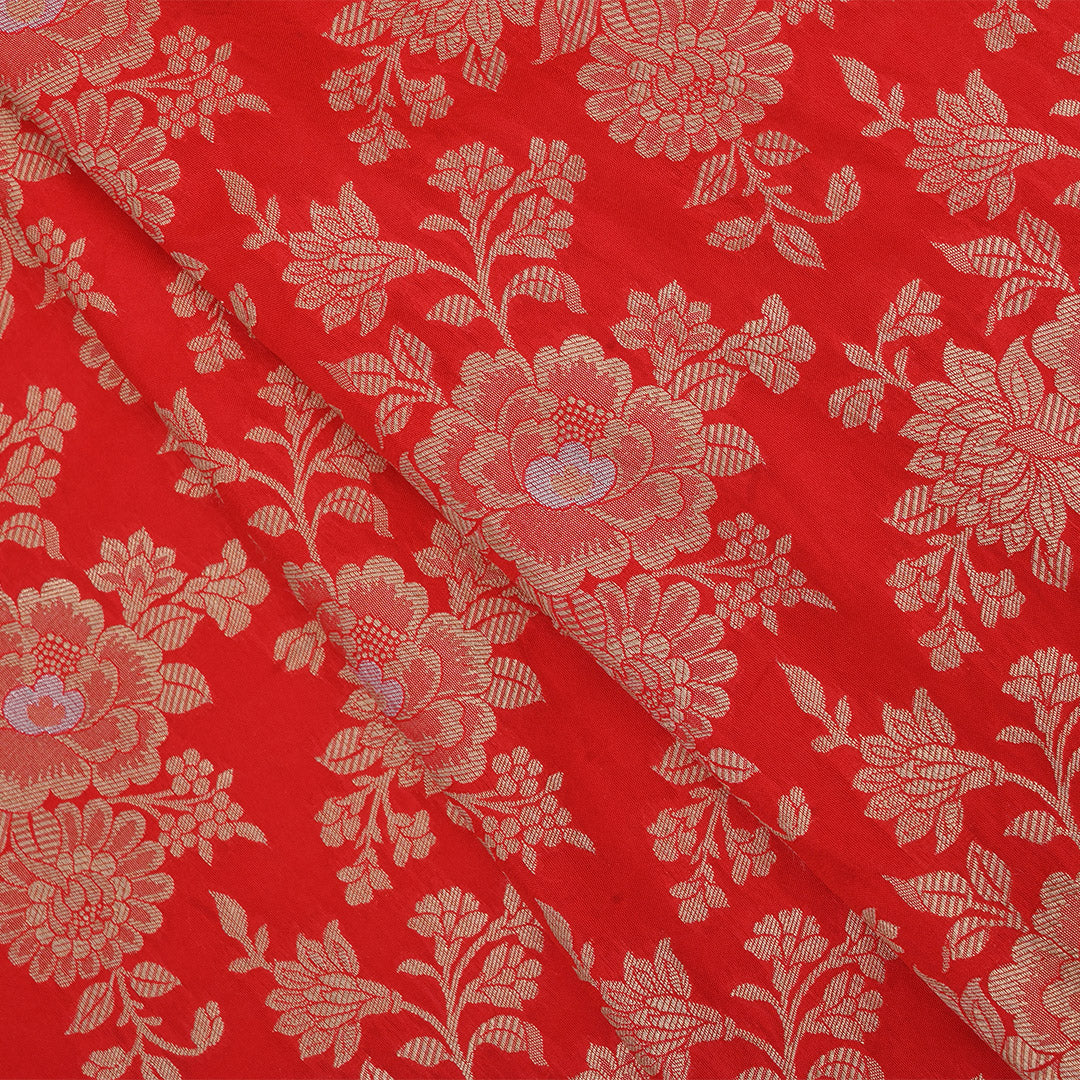 Bright Red Banarasi Fabric With Floral Jaal