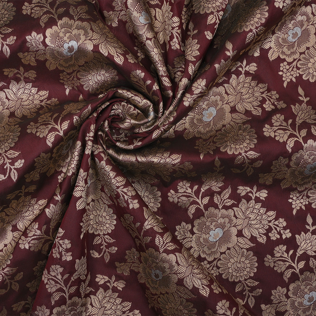 Deep Brown Floral Jaal Banarasi Fabric