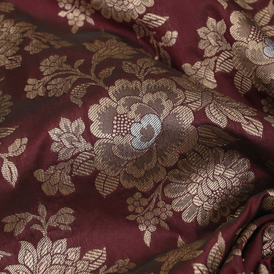 Deep Brown Floral Jaal Banarasi Fabric