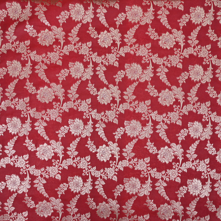 Raspberry Red Floral Jaal Banarasi Fabric