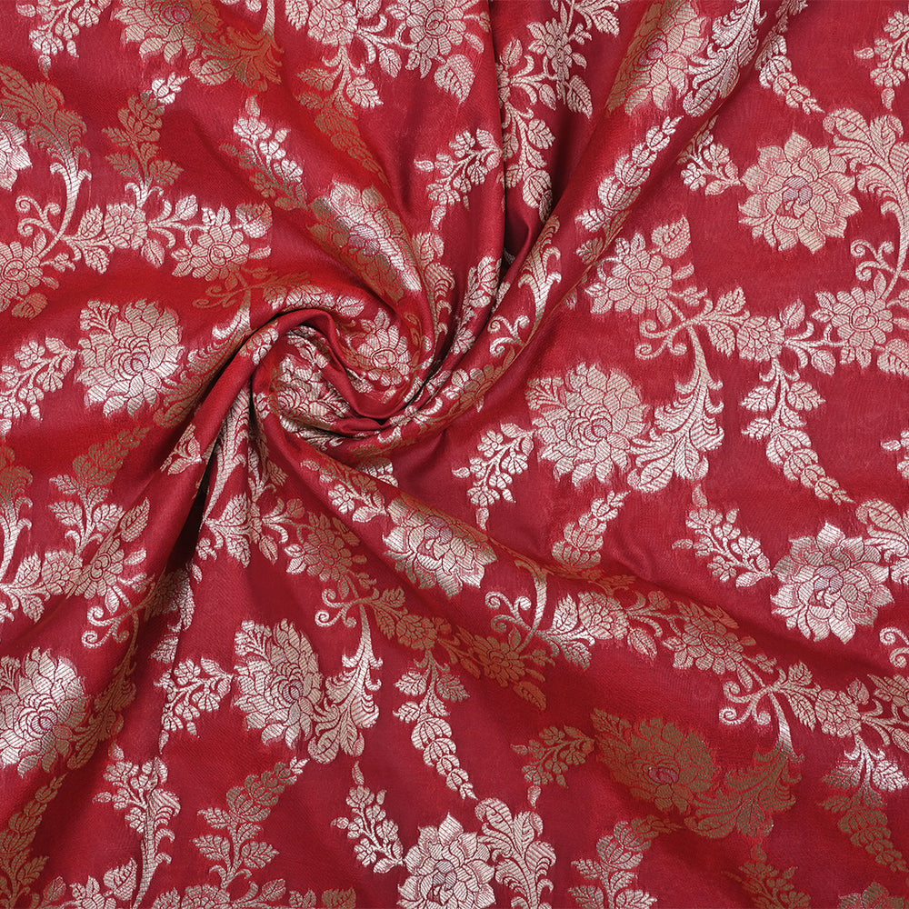 Raspberry Red Floral Jaal Banarasi Fabric