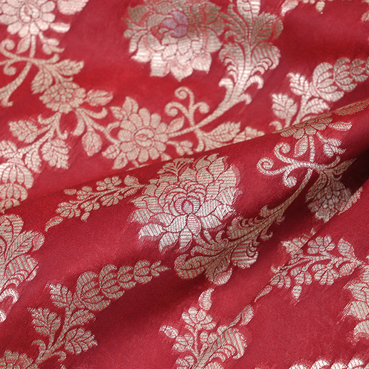 Raspberry Red Floral Jaal Banarasi Fabric