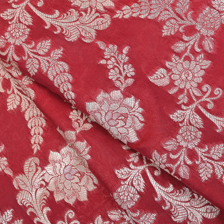 Raspberry Red Floral Jaal Banarasi Fabric