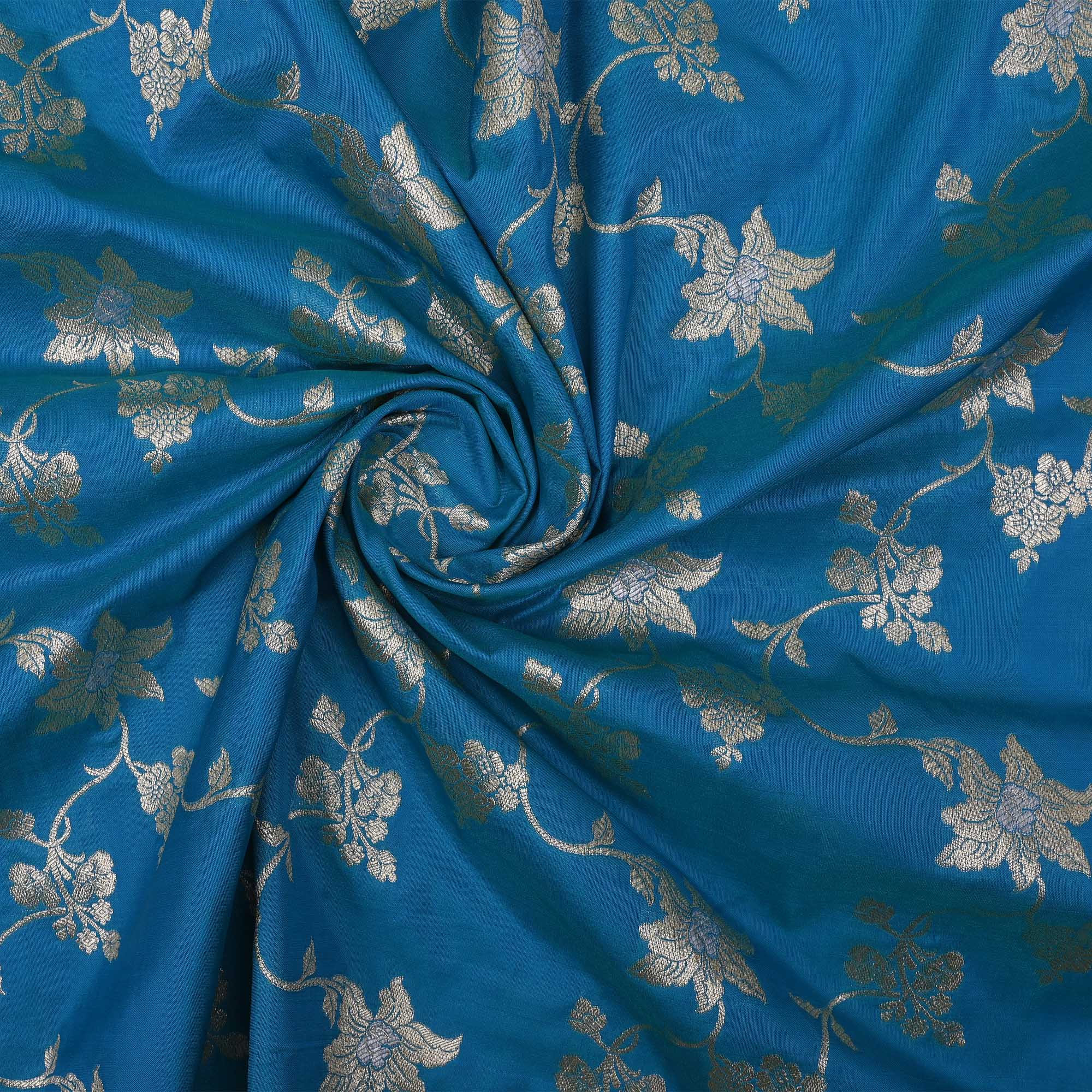 Spanish Blue Floral Jaal Banarasi Fabric