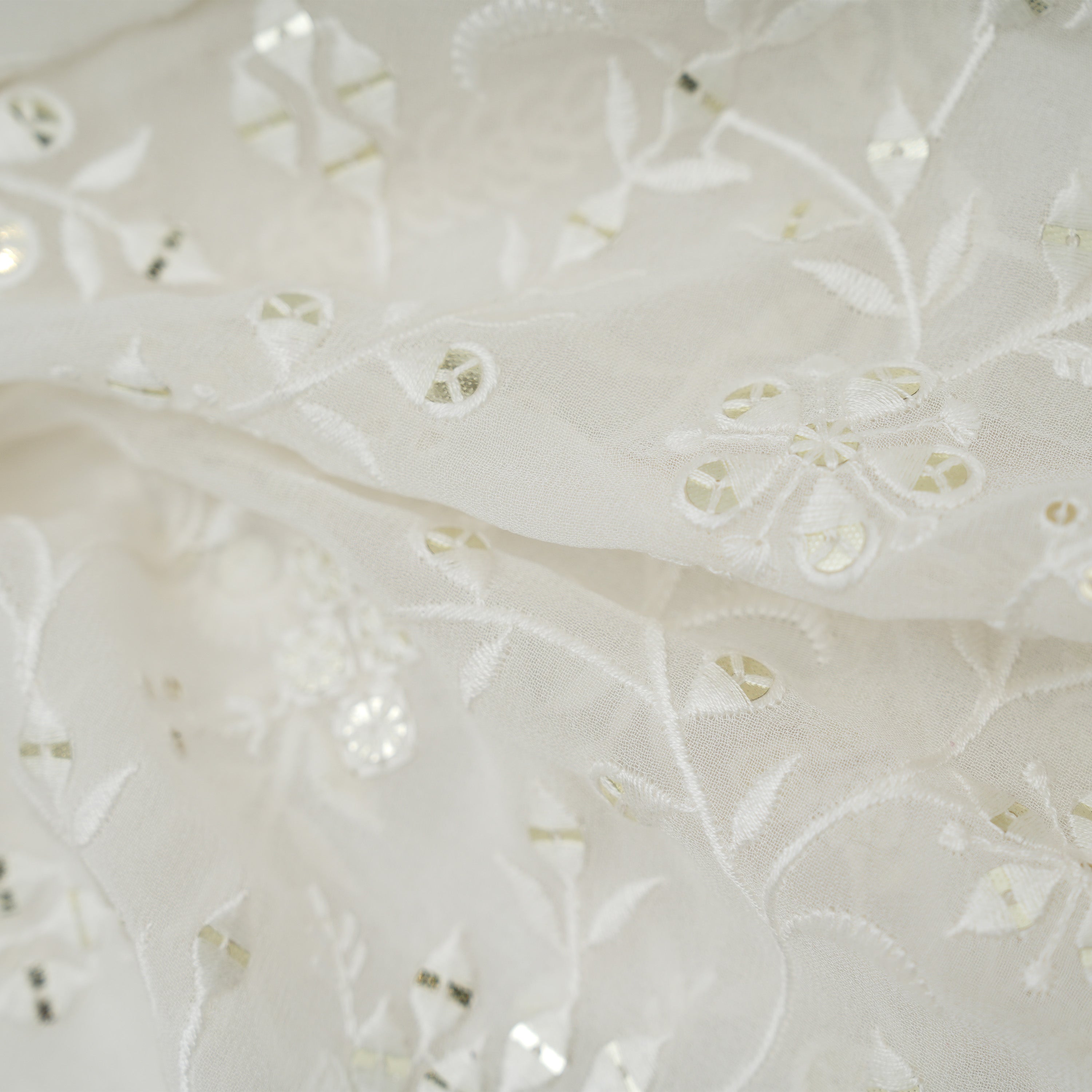 White Smoke Georgette Floral Thread Embroidered Fabric