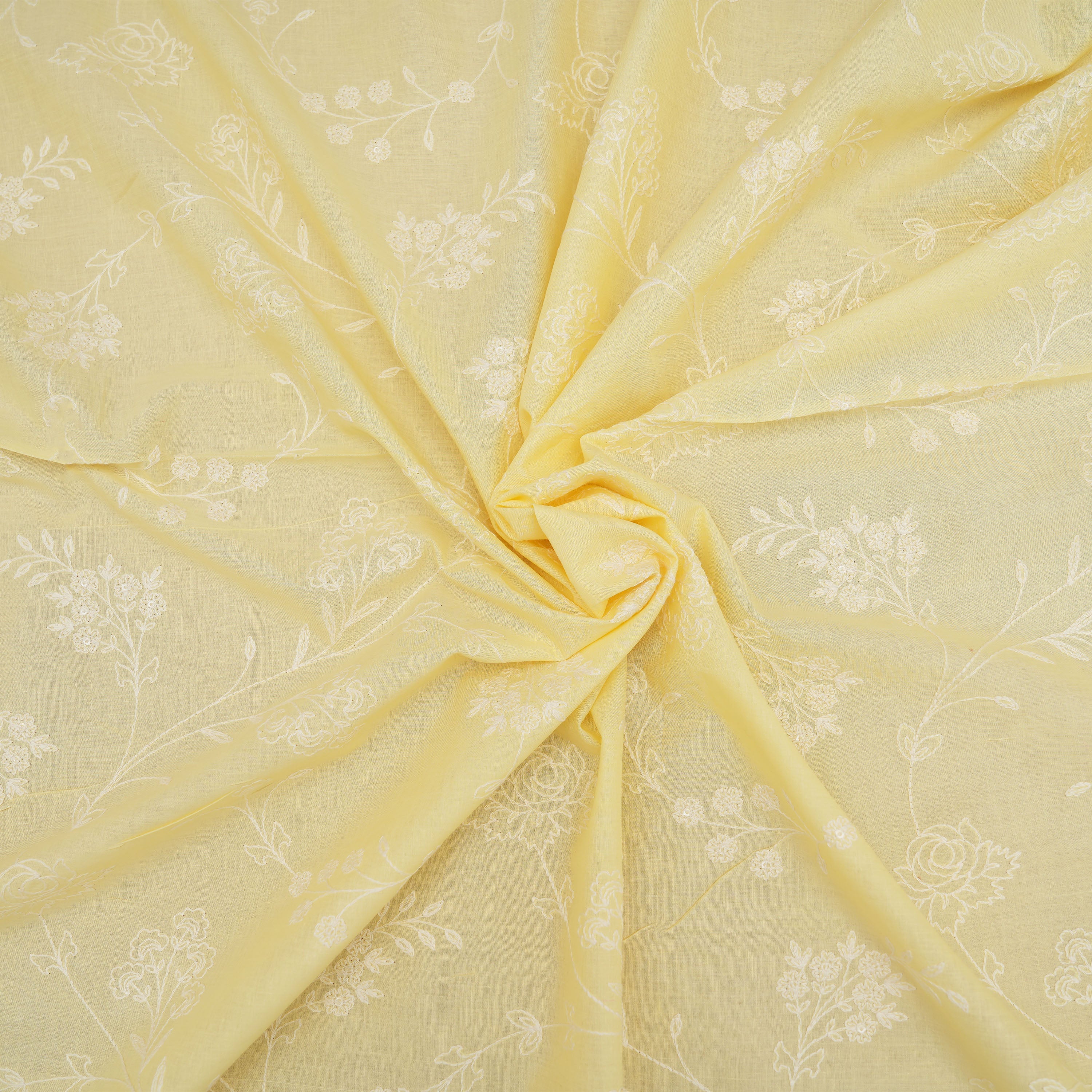 Very Pale Yellow Floral Jaal Embroidered Cotton Fabric