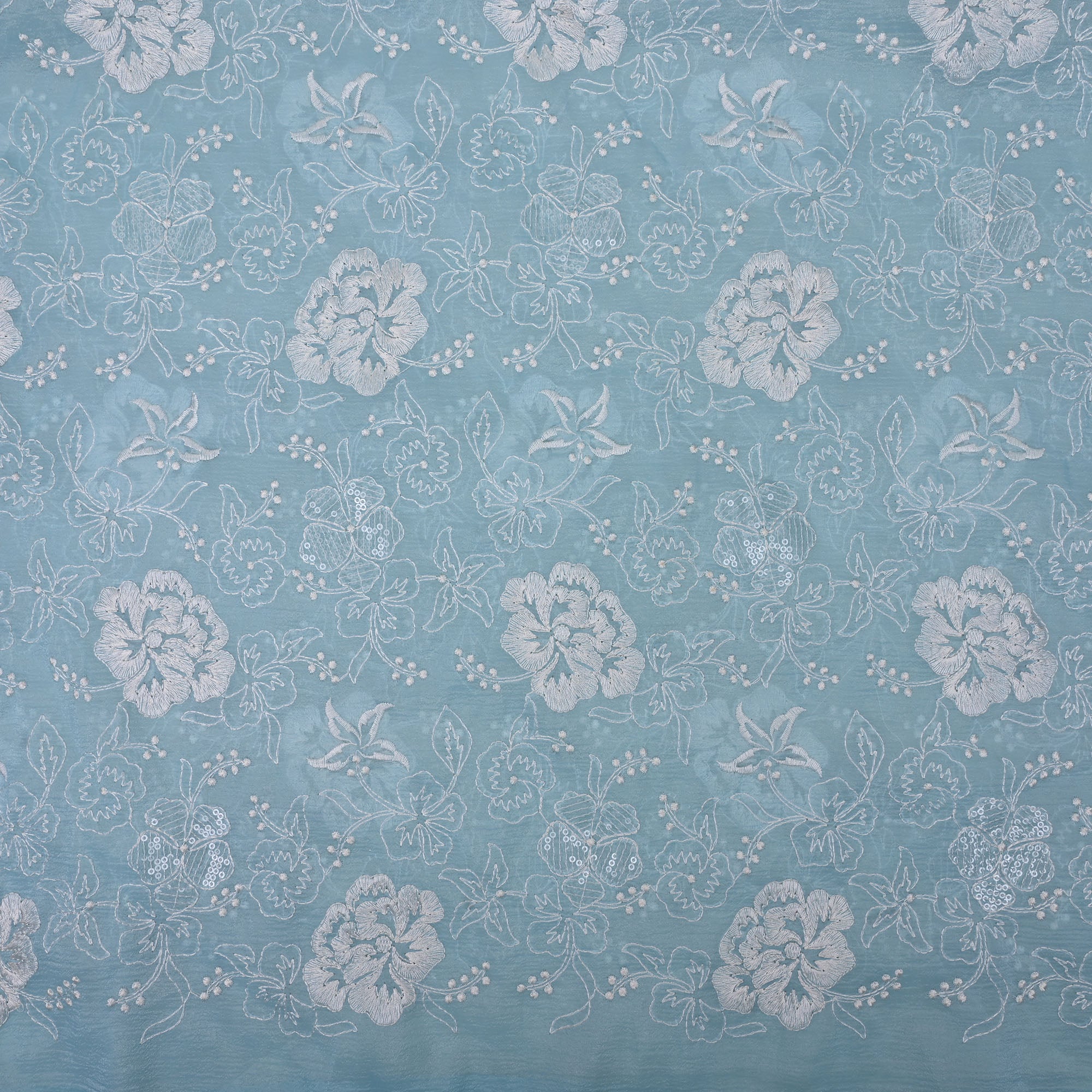 Sky Blue Floral Embroidered Organza Fabric