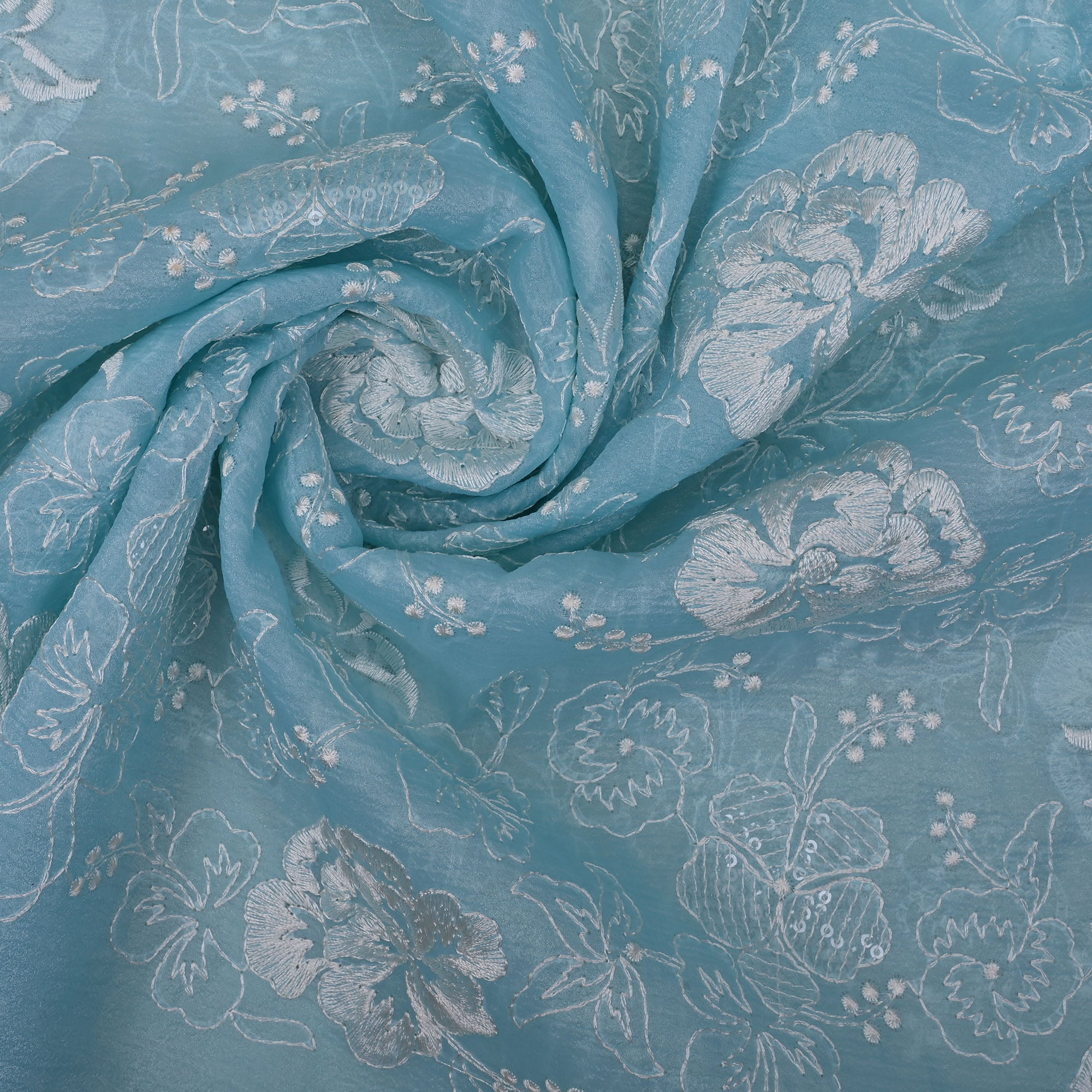 Sky Blue Floral Embroidered Organza Fabric