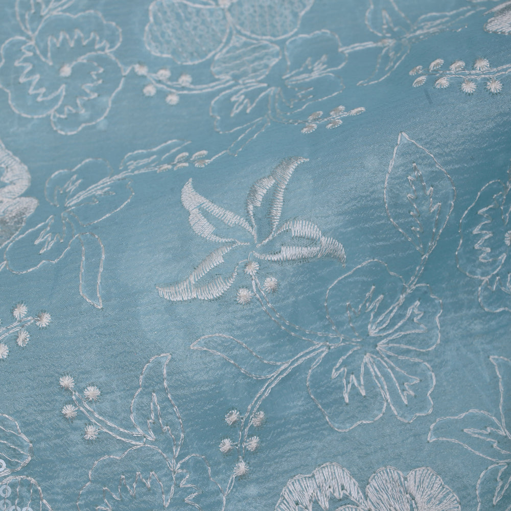 Sky Blue Floral Embroidered Organza Fabric