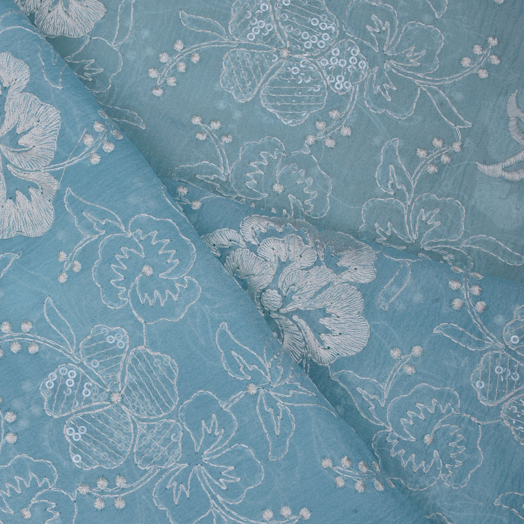 Sky Blue Floral Embroidered Organza Fabric