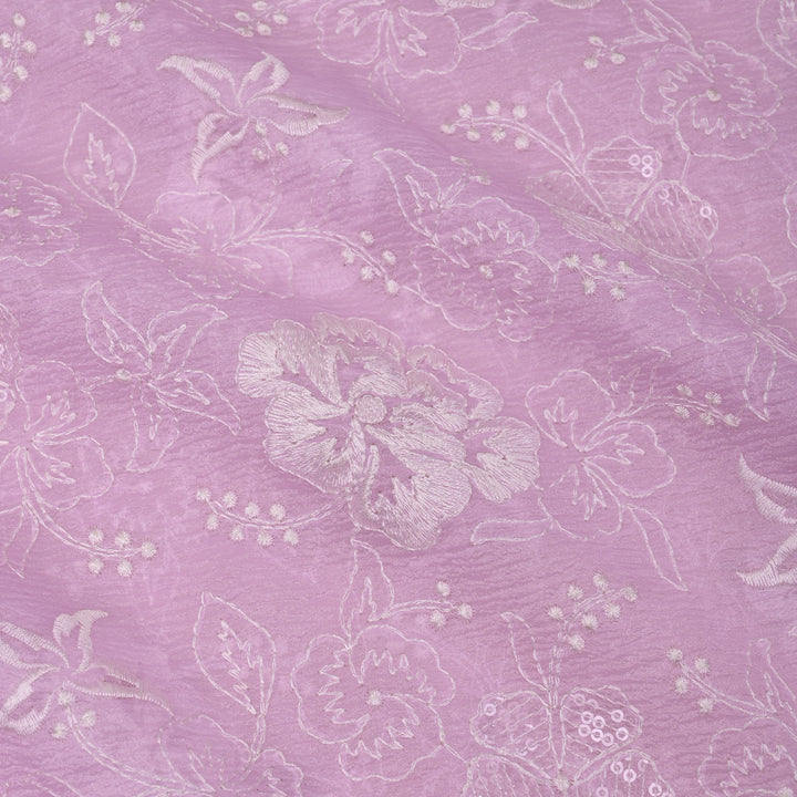 Pale Purple Floral Embroidered Organza Fabric