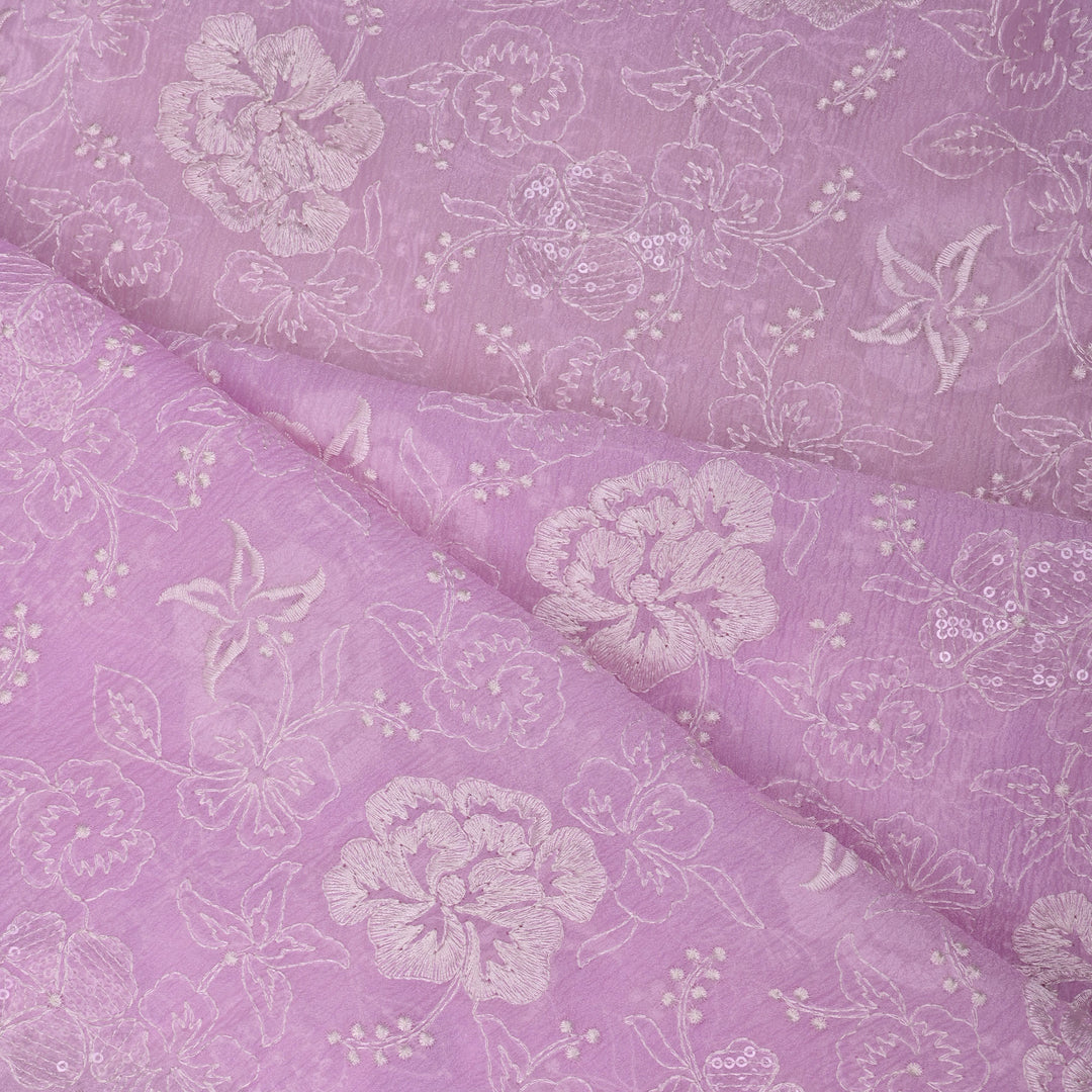 Pale Purple Floral Embroidered Organza Fabric