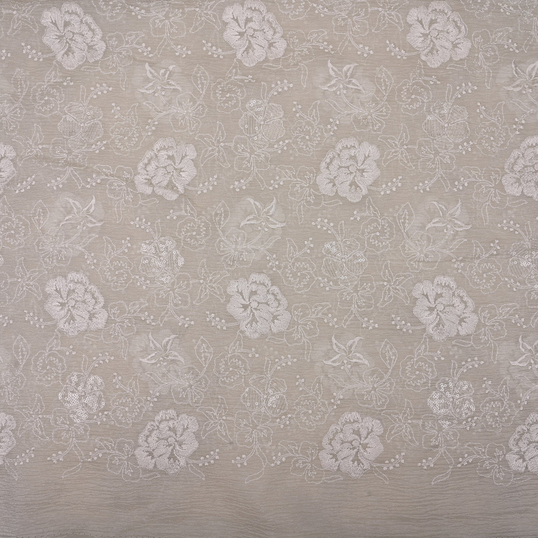 Spring White Floral Embroidered Organza Fabric