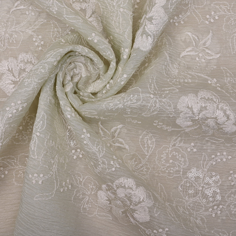 Spring White Floral Embroidered Organza Fabric