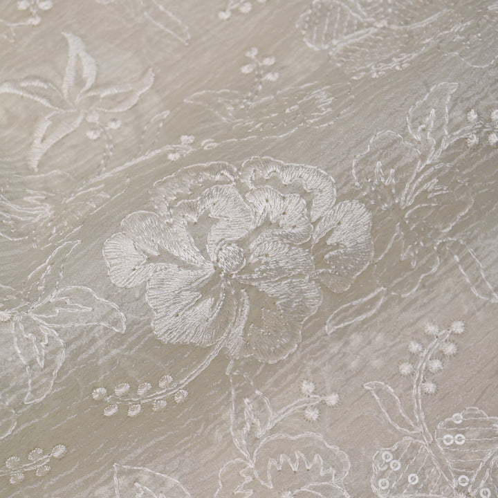 Spring White Floral Embroidered Organza Fabric