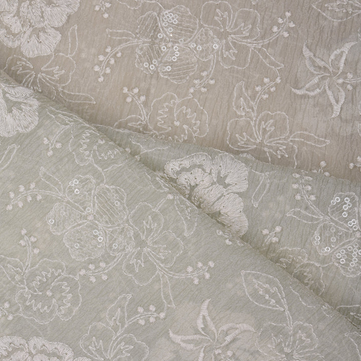 Spring White Floral Embroidered Organza Fabric