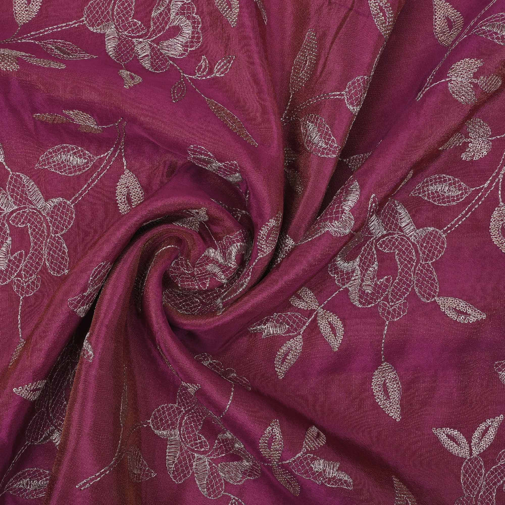 Deep Ruby Purple Tissue Fabric With Zari Embroidery