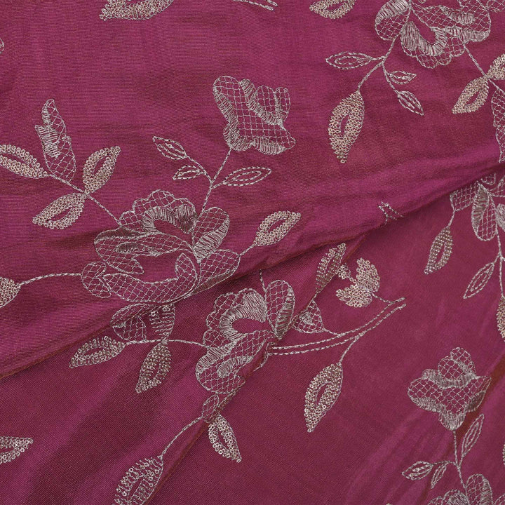 Deep Ruby Purple Tissue Fabric With Zari Embroidery