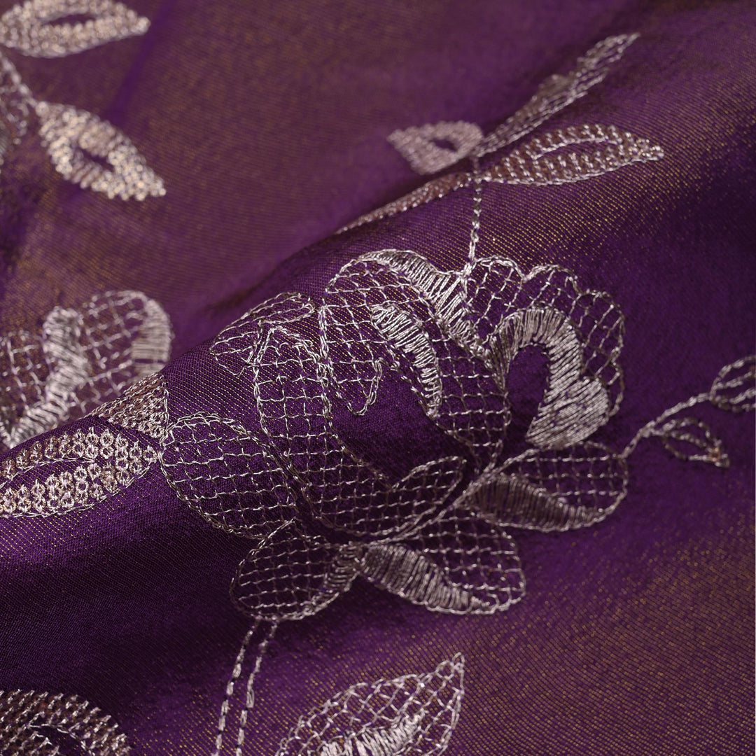 Chinese Violet Tissue Fabric With Zari Embroidery