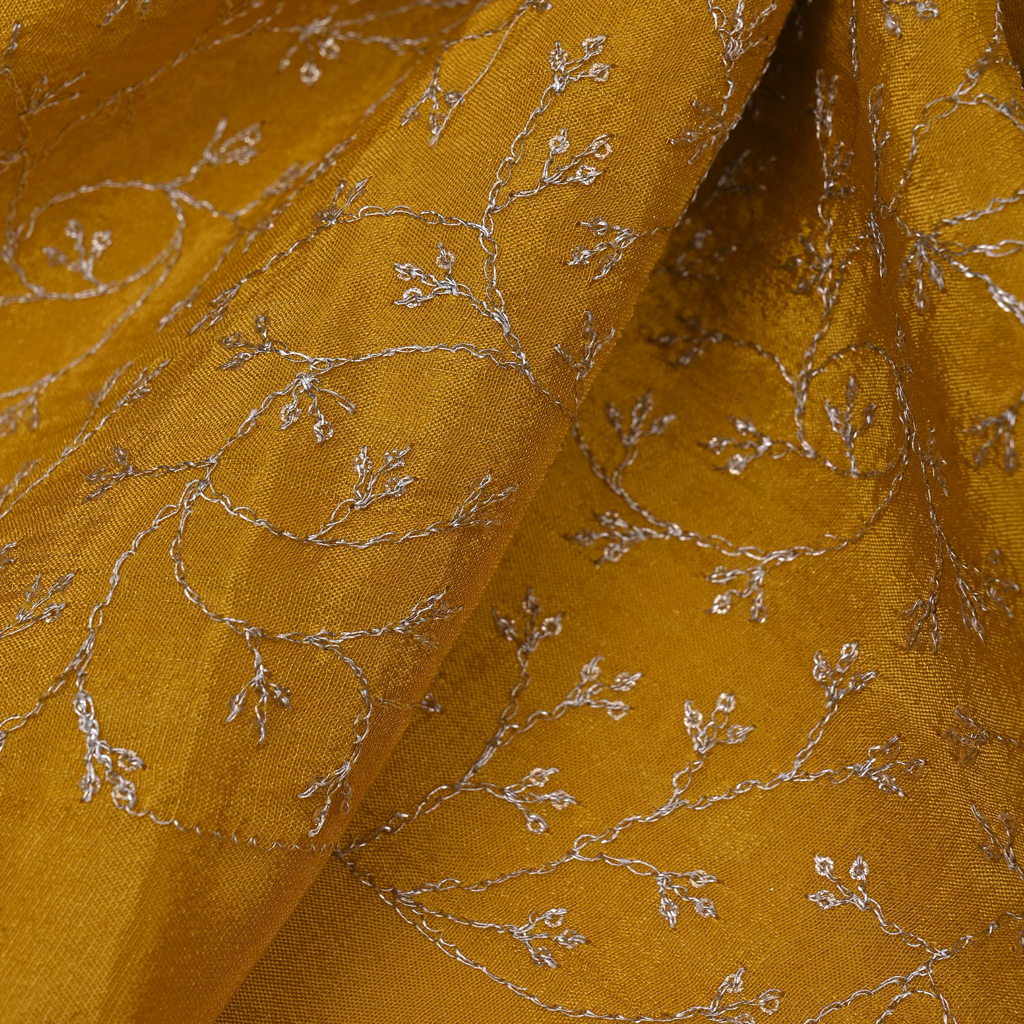 Saffron Yellow Tissue Fabric With Zari Embroidery