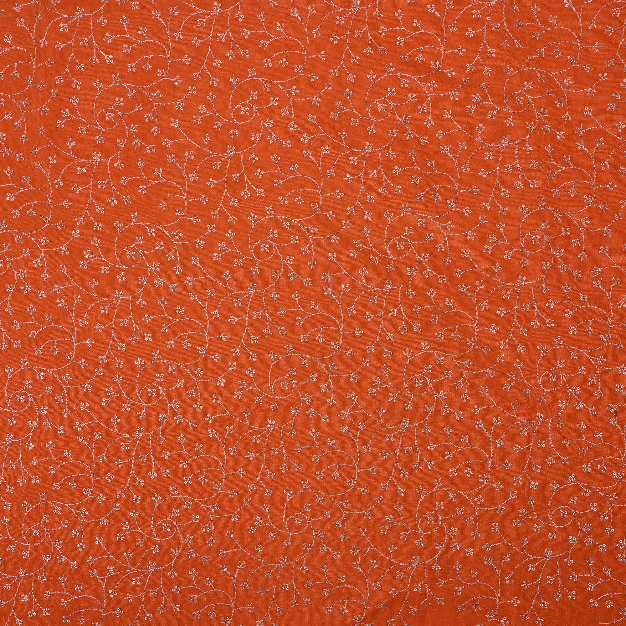 Vermillion Orange Tissue Fabric With Zari Embroidery