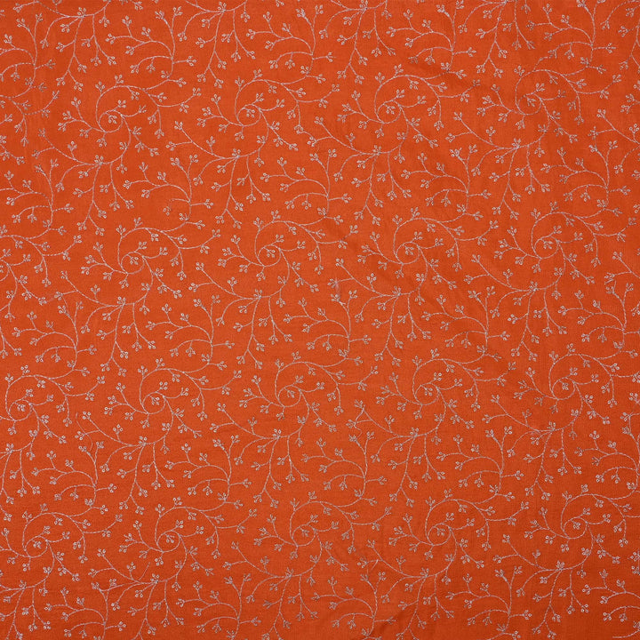 Vermillion Orange Tissue Fabric With Zari Embroidery