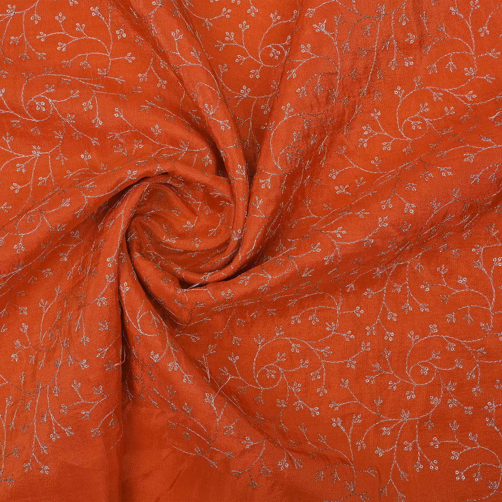 Vermillion Orange Tissue Fabric With Zari Embroidery