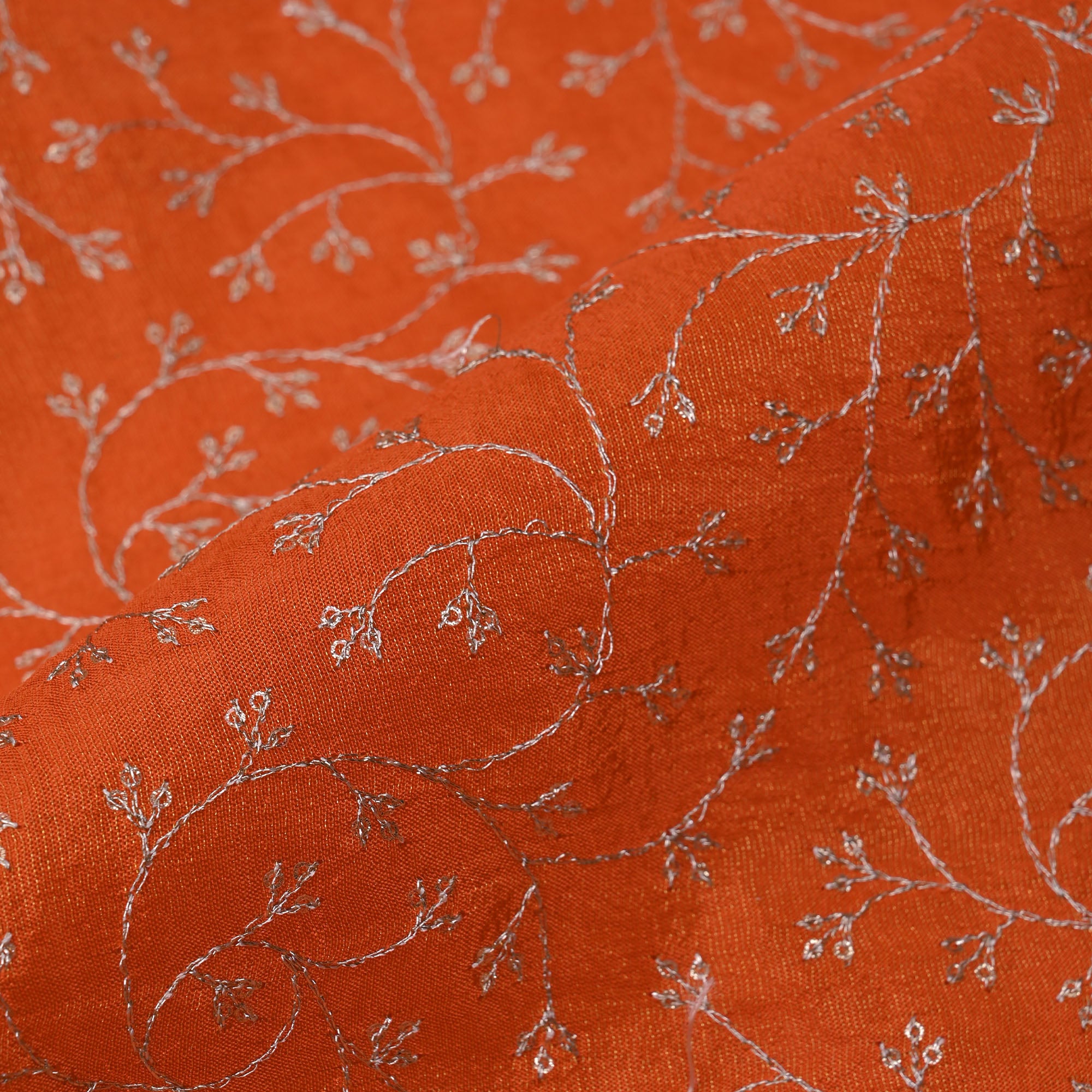 Vermillion Orange Tissue Fabric With Zari Embroidery