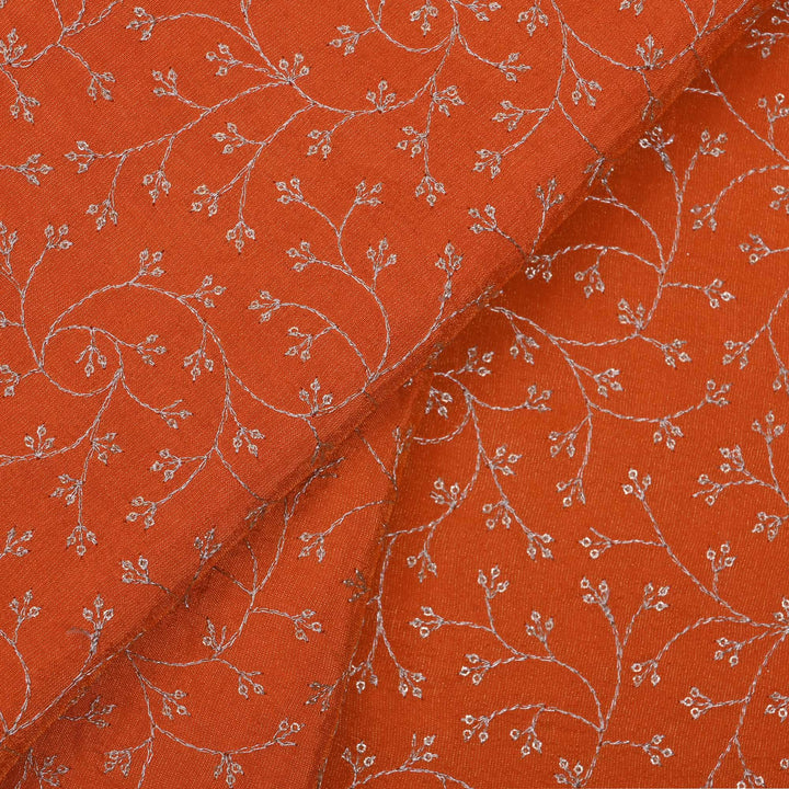 Vermillion Orange Tissue Fabric With Zari Embroidery