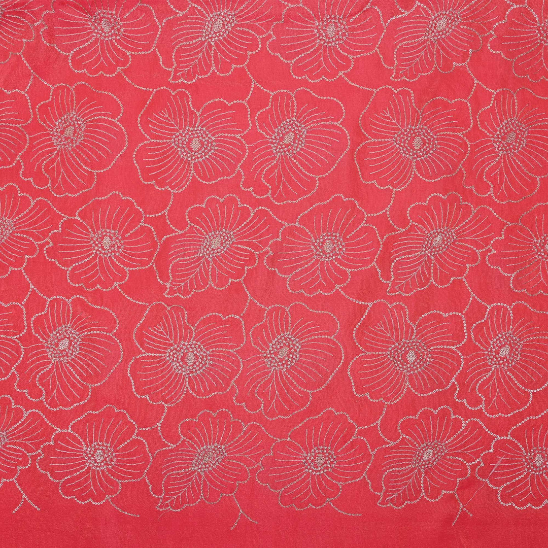 Fushcsia Pink Tissue Fabric With Embroidery