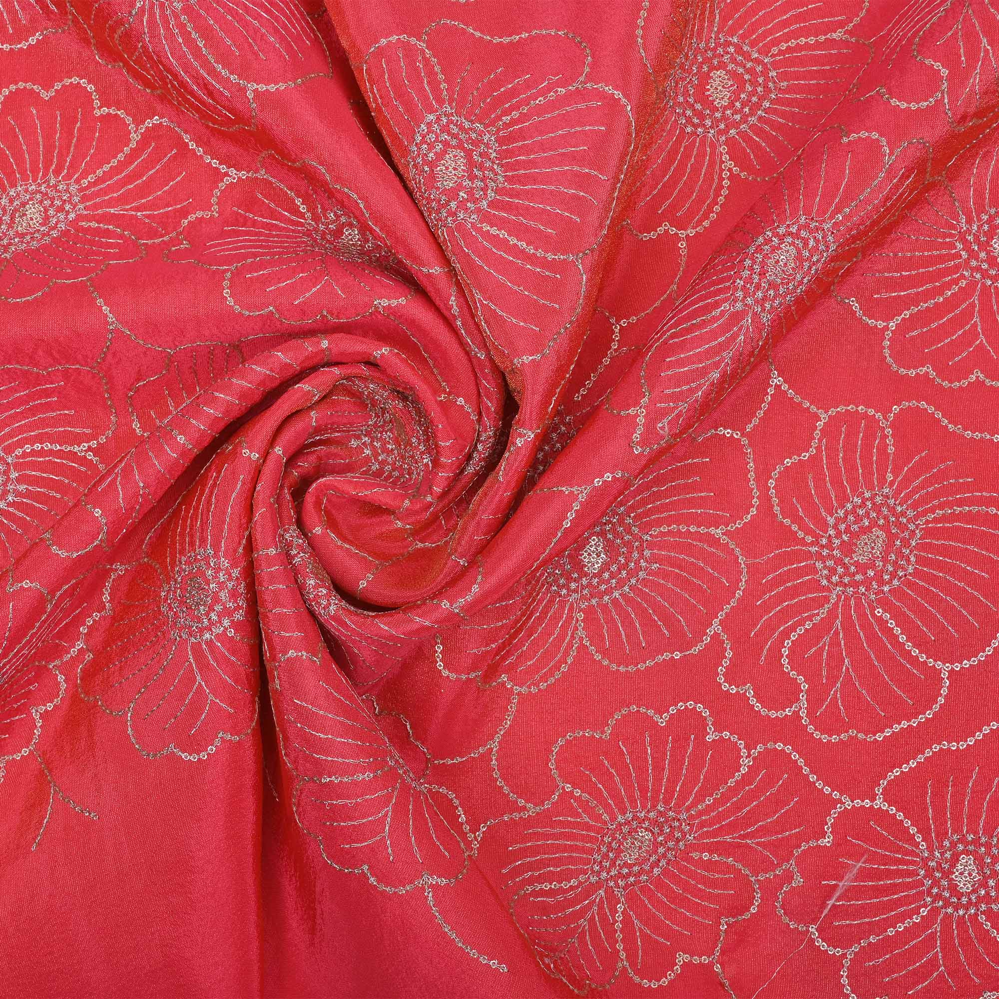 Fushcsia Pink Tissue Fabric With Embroidery