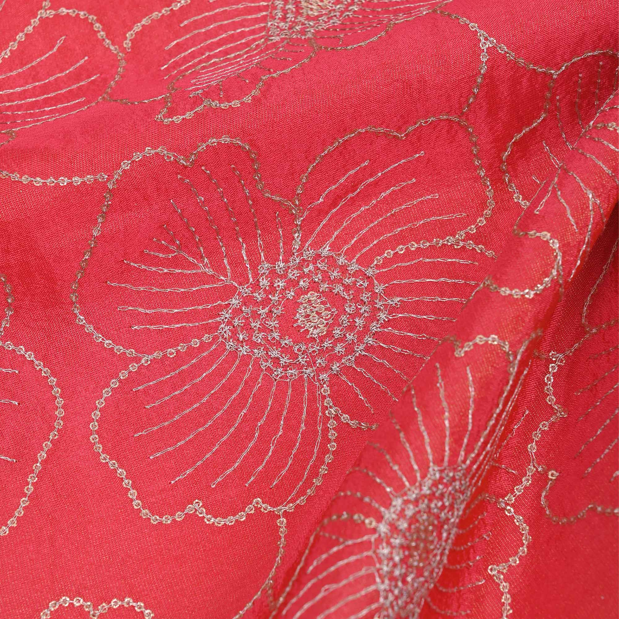 Fushcsia Pink Tissue Fabric With Embroidery