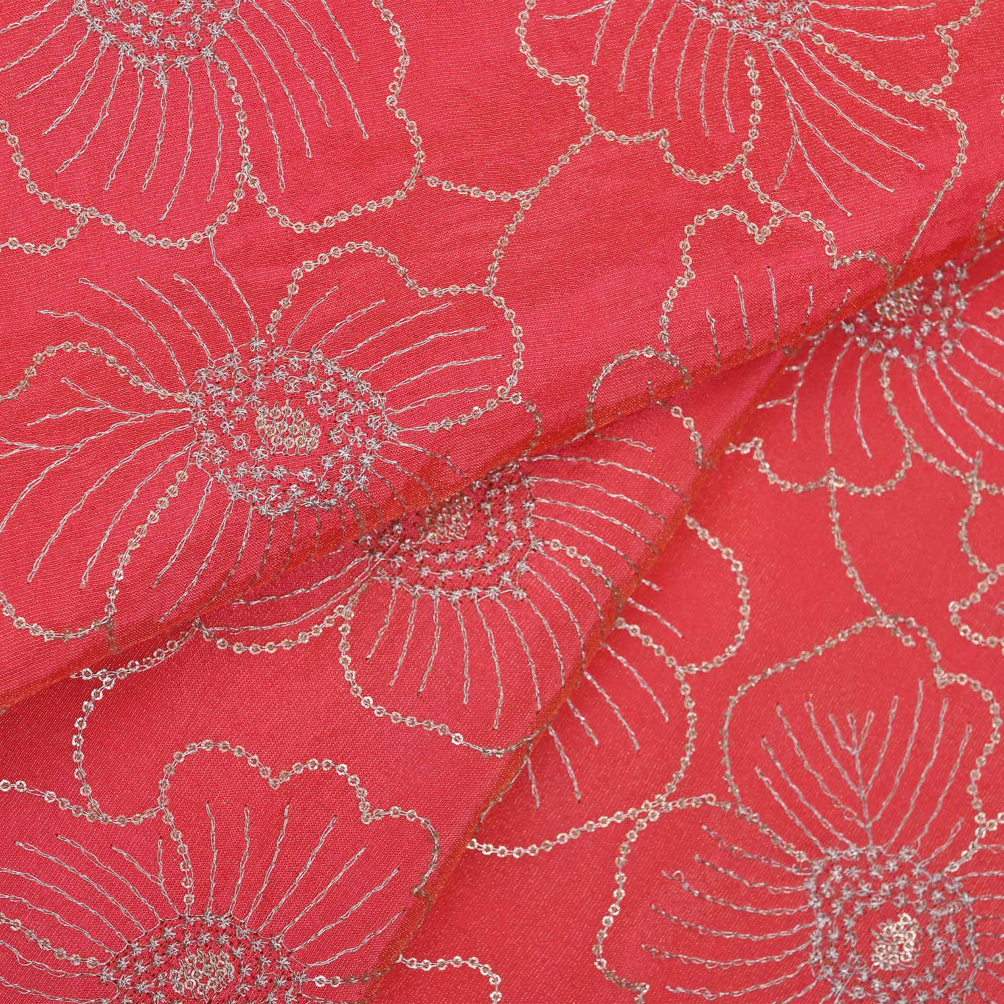 Fushcsia Pink Tissue Fabric With Embroidery