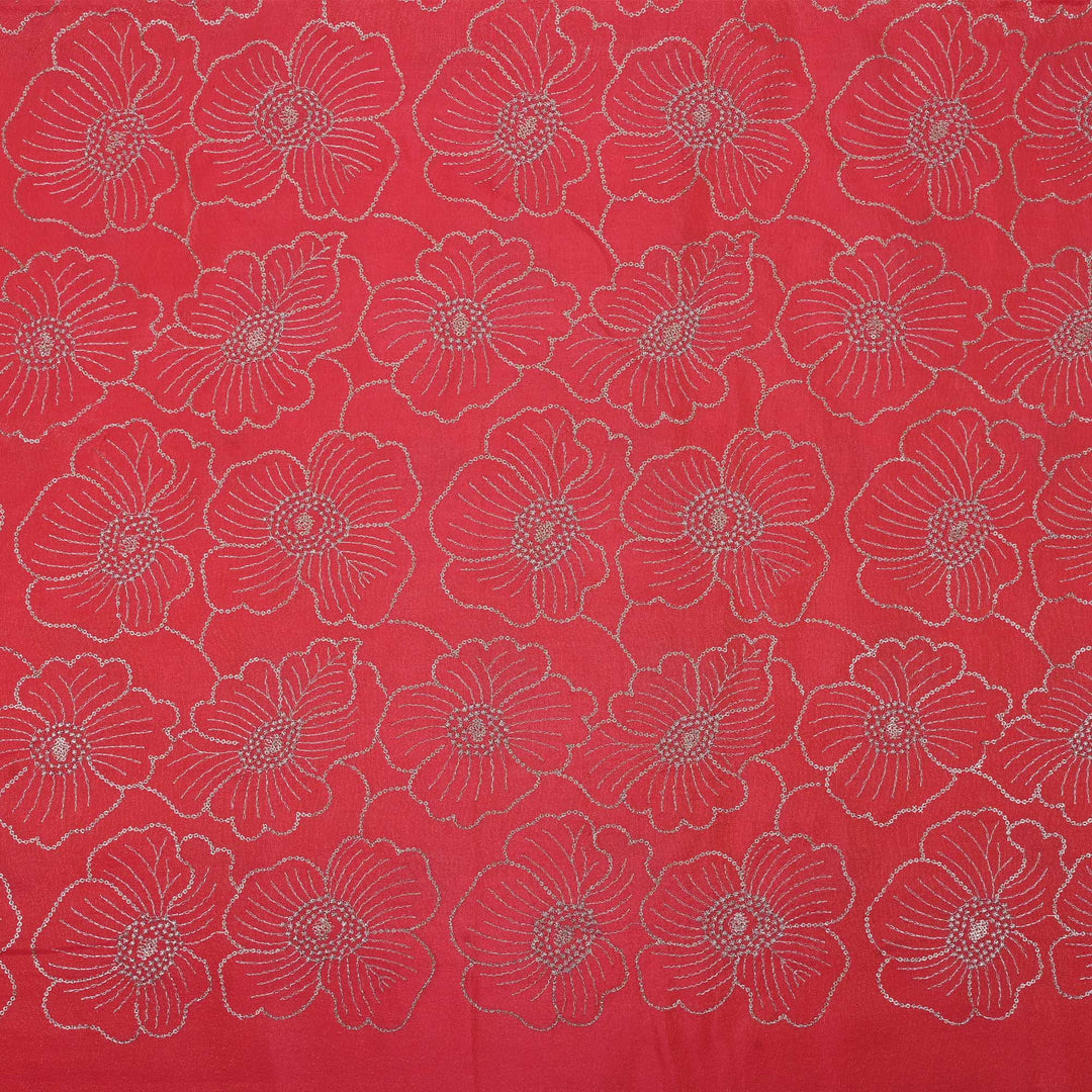 Punch Pink Tissue Fabric With Embroidery