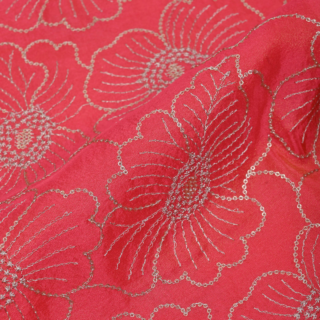 Punch Pink Tissue Fabric With Embroidery