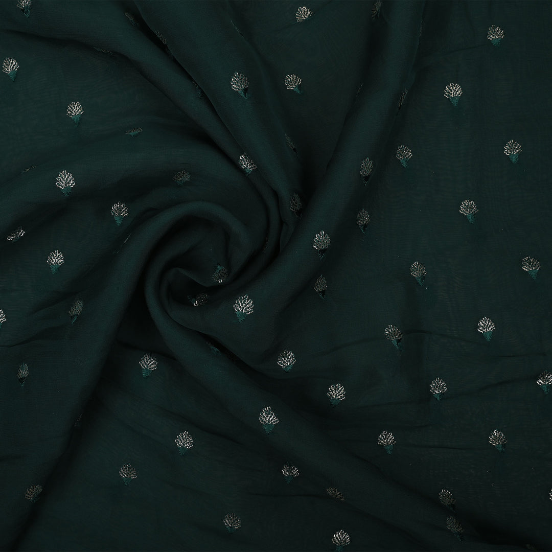 Dark Green Floral Embroidered Organza Fabric