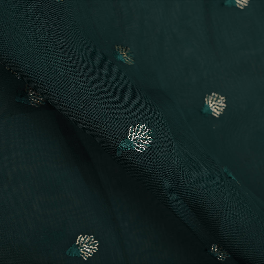 Dark Green Floral Embroidered Organza Fabric