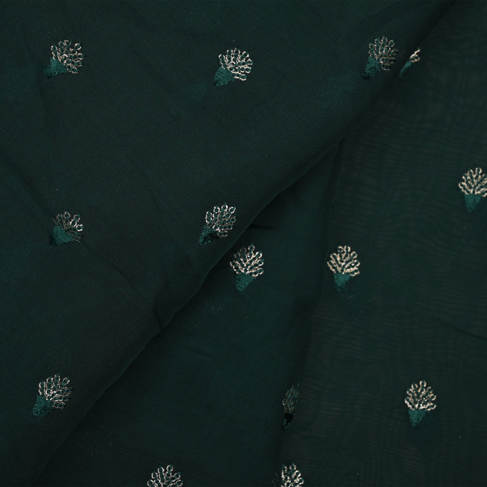 Dark Green Floral Embroidered Organza Fabric