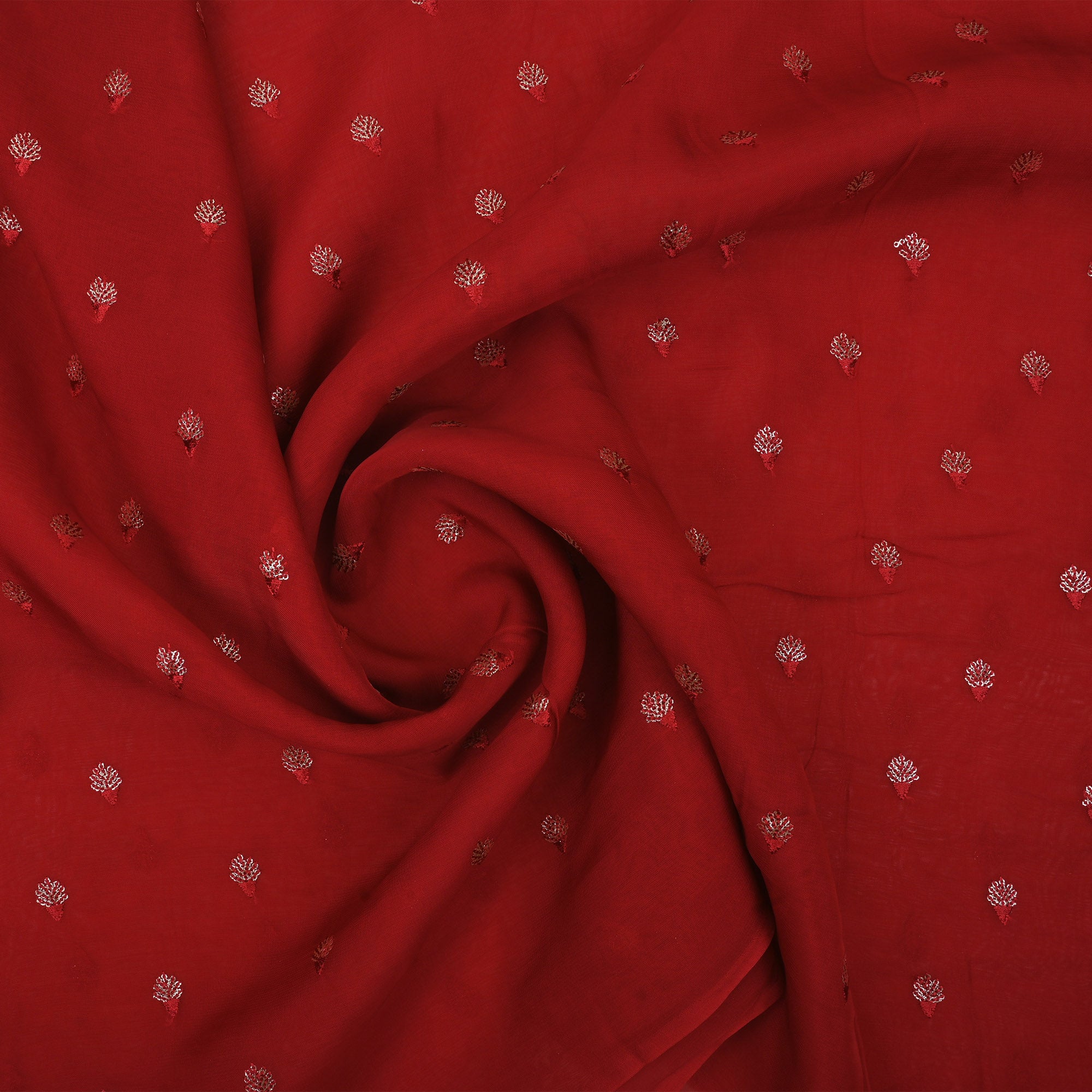 Deep Red Floral Embroidered Organza Fabric