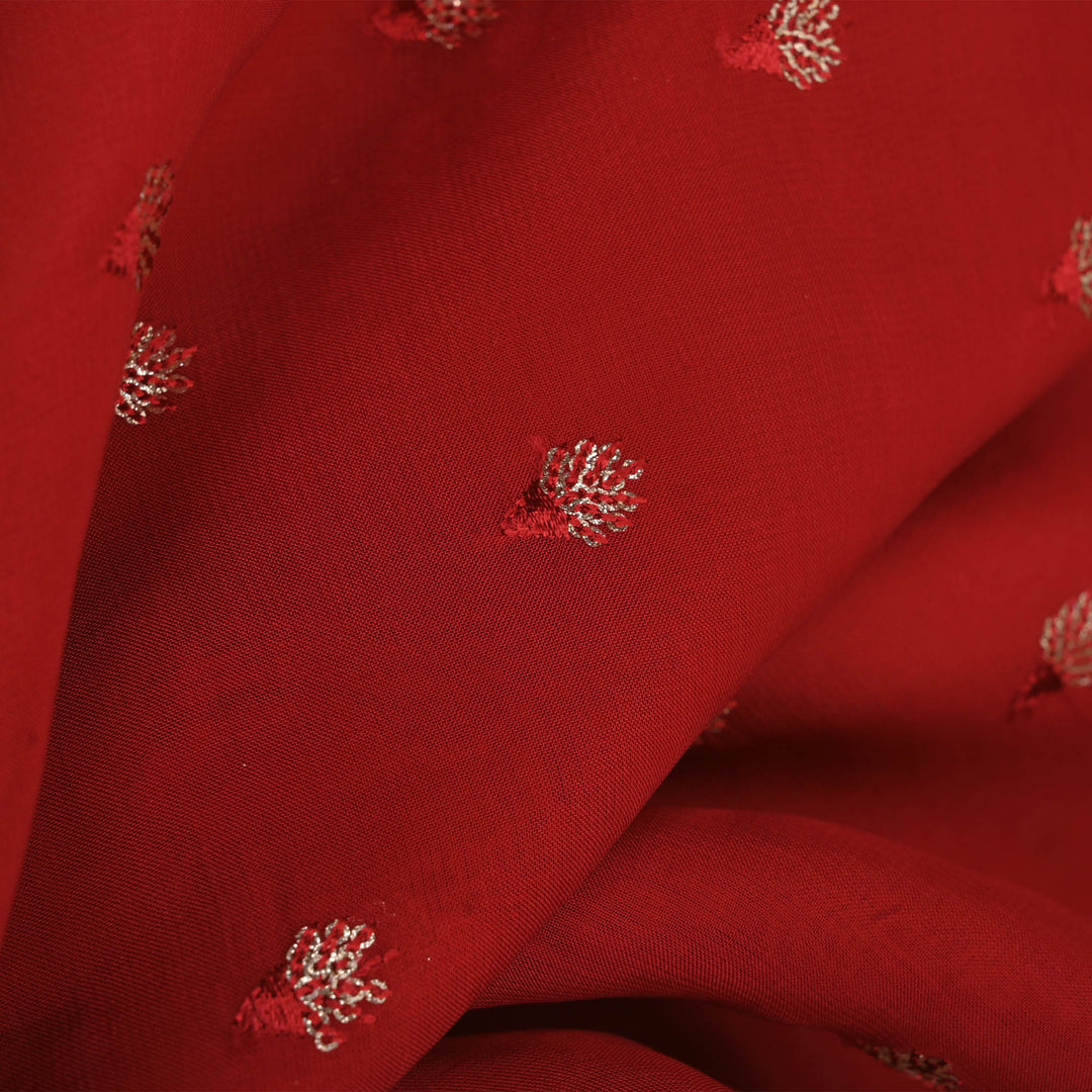 Deep Red Floral Embroidered Organza Fabric