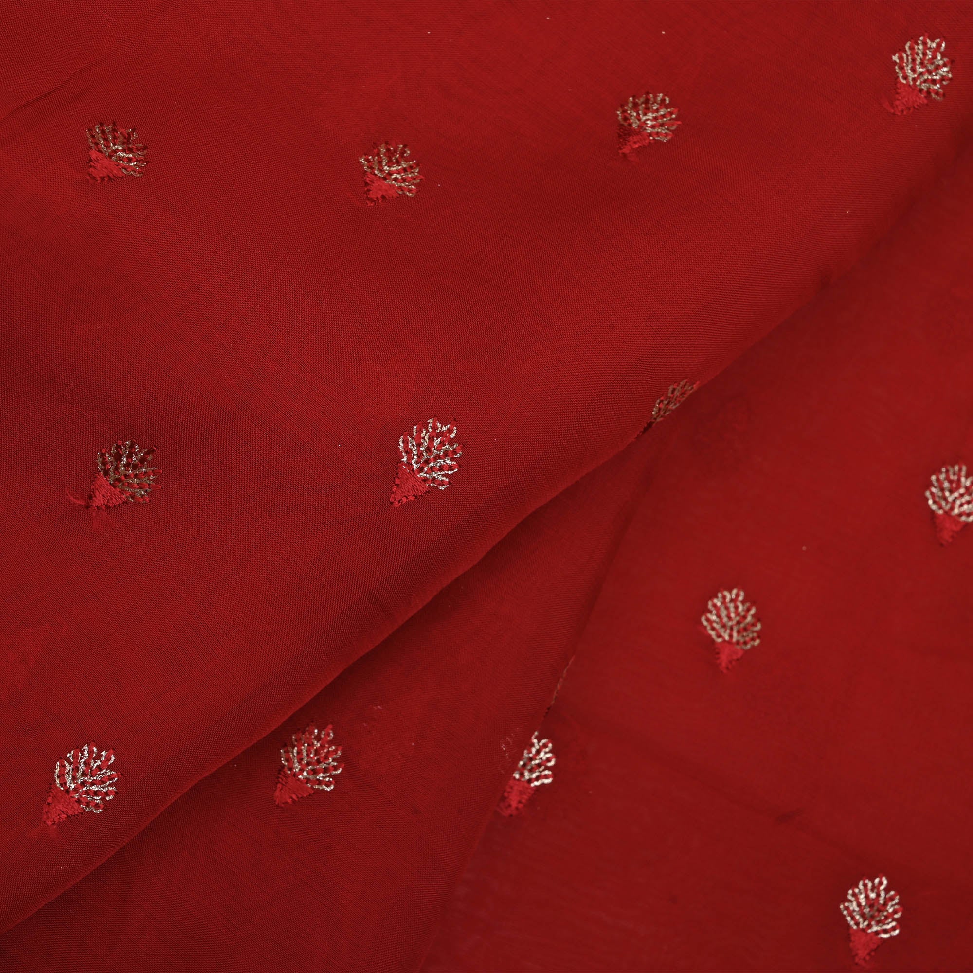 Deep Red Floral Embroidered Organza Fabric