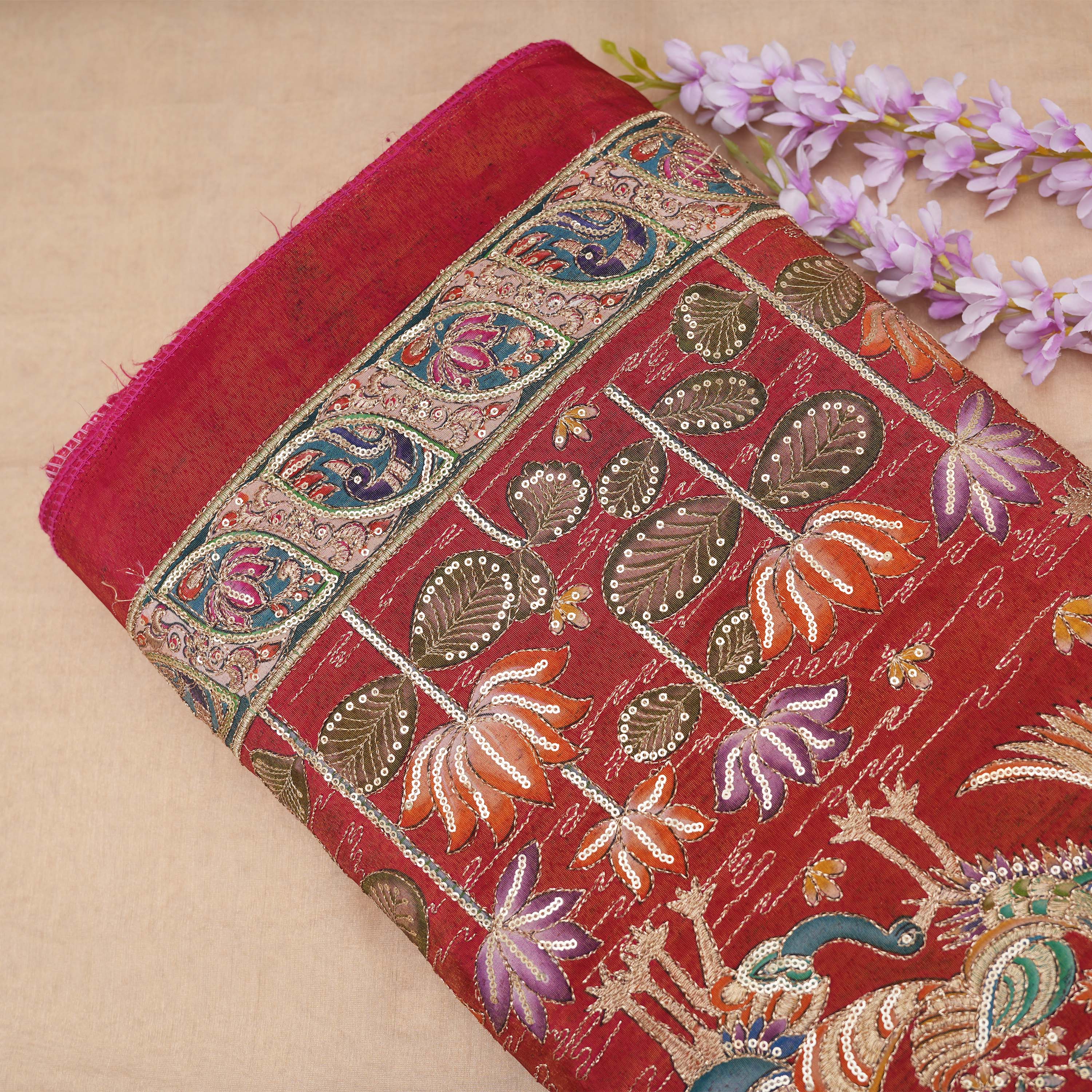 Fire Brick Mayil Embroidered Red Tissue Fabric
