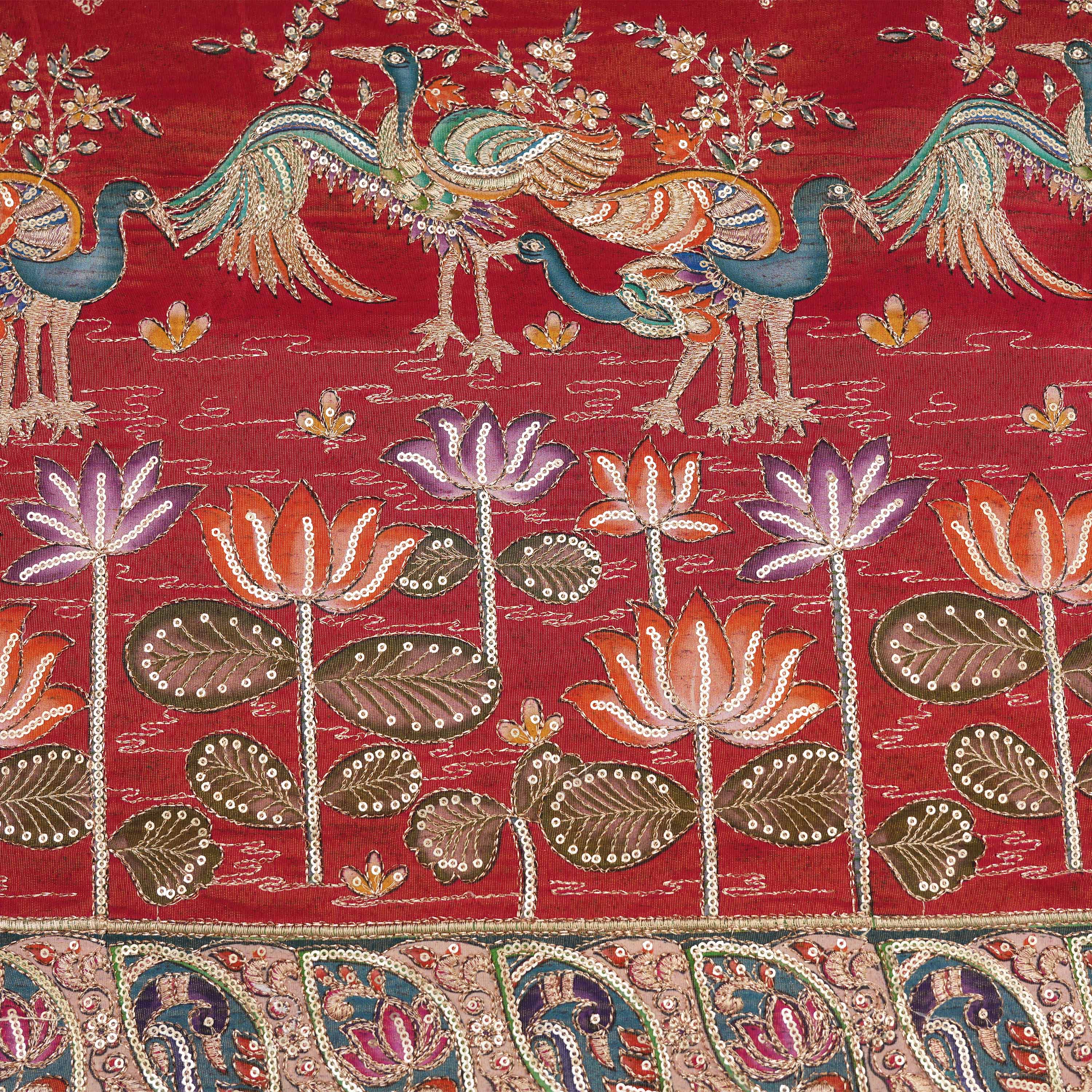 Fire Brick Mayil Embroidered Red Tissue Fabric
