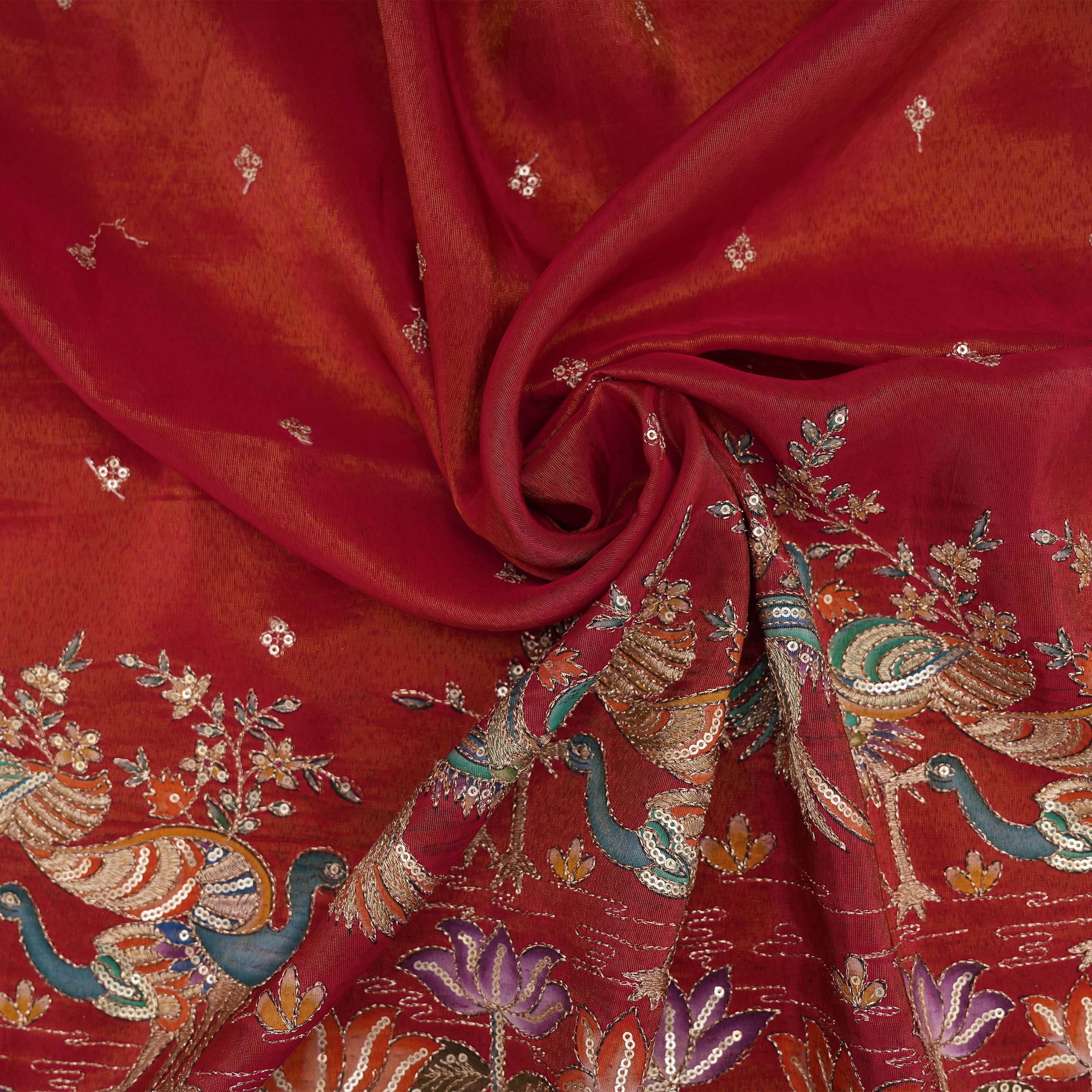 Fire Brick Mayil Embroidered Red Tissue Fabric