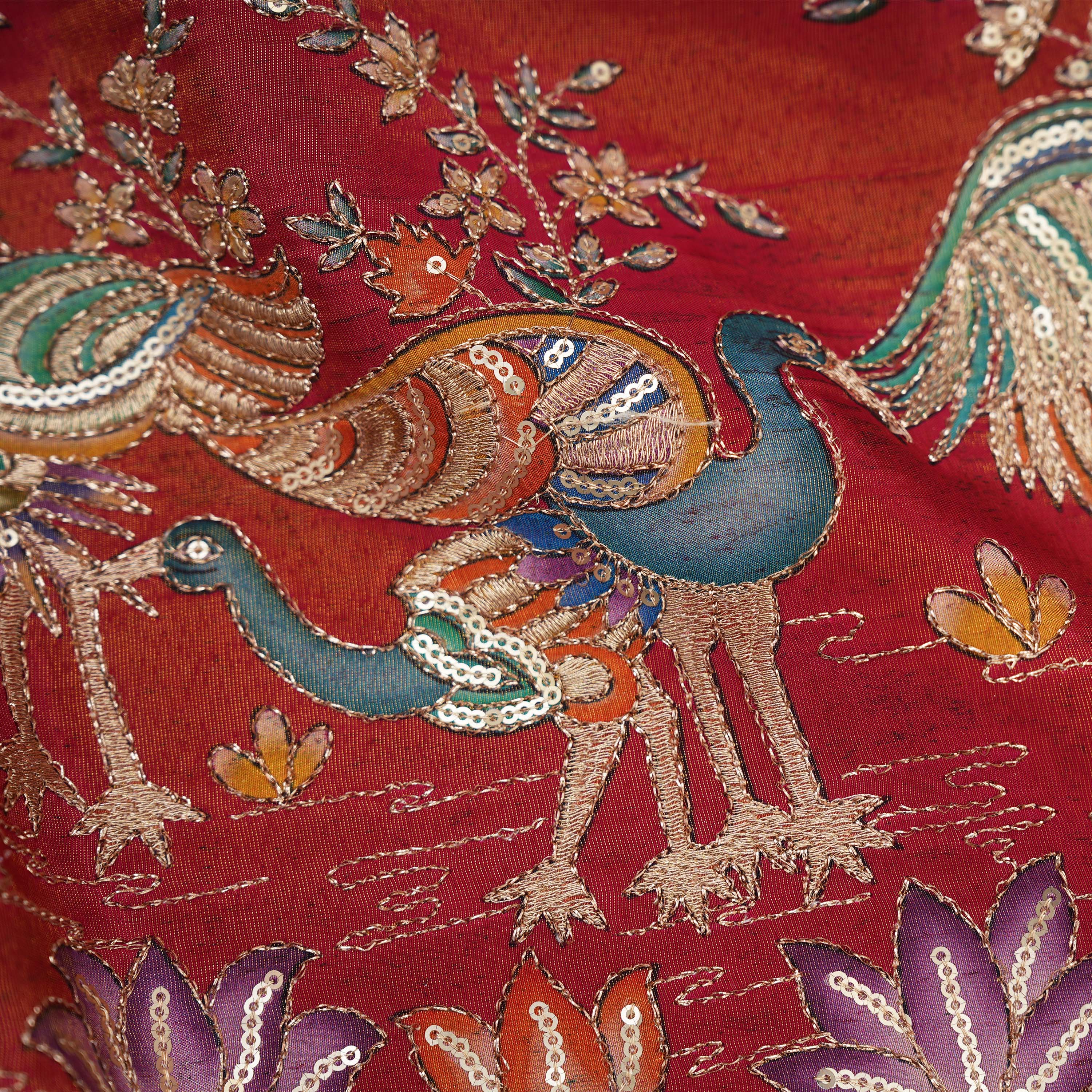 Fire Brick Mayil Embroidered Red Tissue Fabric