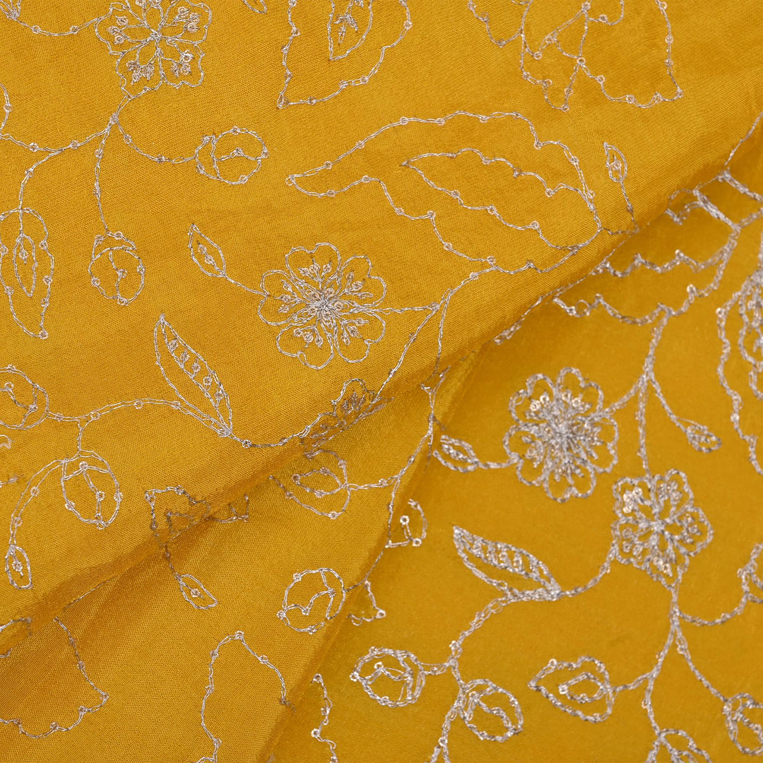 Saffron Yellow Tissue Fabric With Embroidery