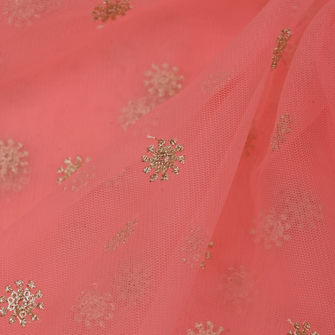 Coral Pink Embroidery Net Fabric