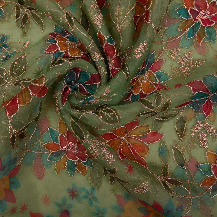 Pastel Green Printed Tissue Fabric With Embroidery